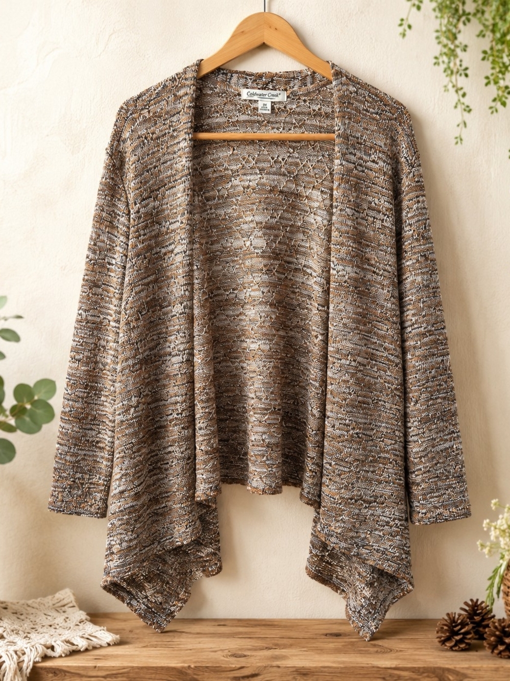 Coldwater Creek 2X Marled Waterfall Cardigan Brown Tan Open Knit Boho